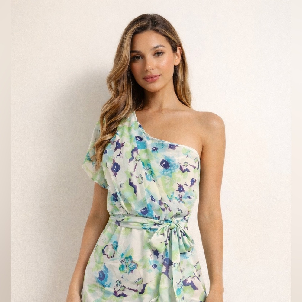 Express One-Shoulder Dress with Blue and Green Floral Design